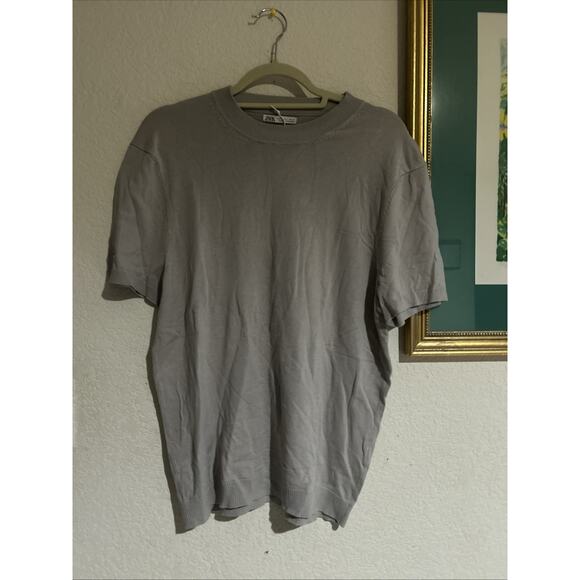 Zara Women's Gray Knitted Short Sleeve Crew Neck Pullover Sweater Shirt Top Sz L - Picture 1 of 7